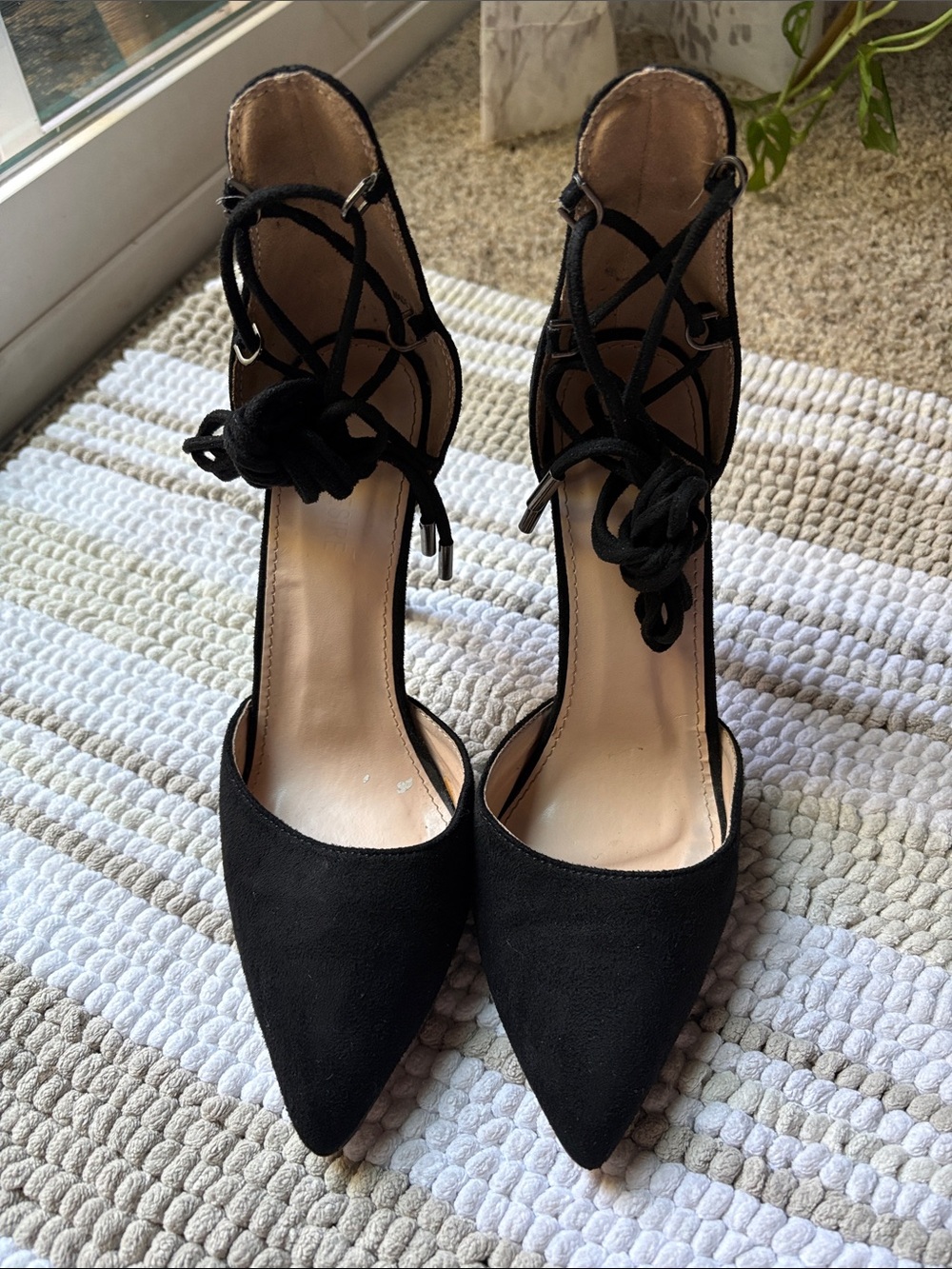 Public Desire Black Suede Pointed Lace-Up Heels